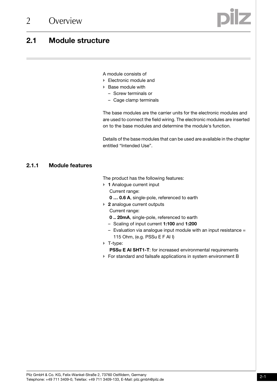 Overview, Module structure, Module features | 2overview, 1 module structure, 1 module features | Pilz PSSu E AI SHT1 User Manual | Page 9 / 33