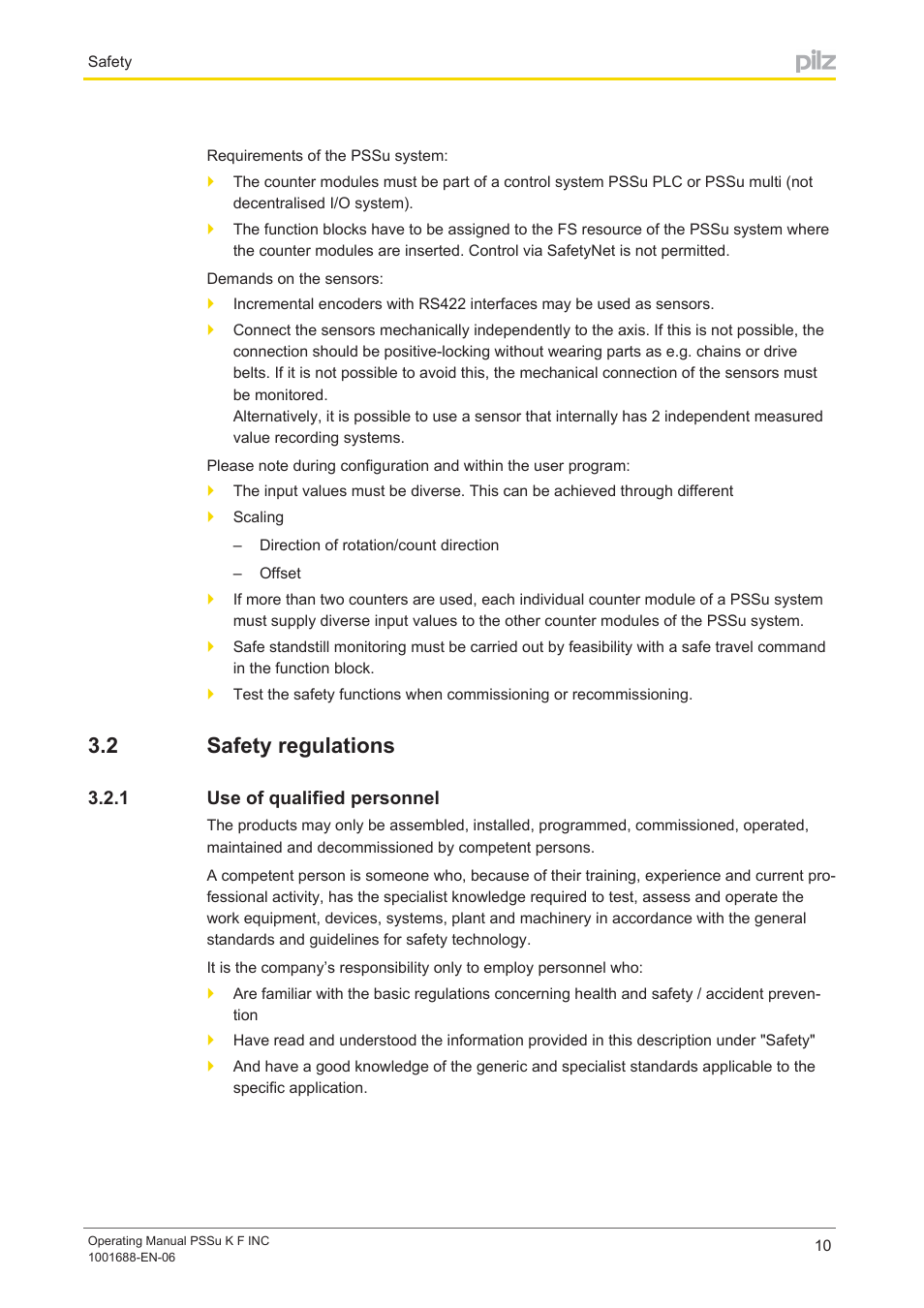 2 safety regulations, 1 use of qualified personnel, Safety regulations | Use of qualified personnel | Pilz PSSu K F INC User Manual | Page 10 / 34