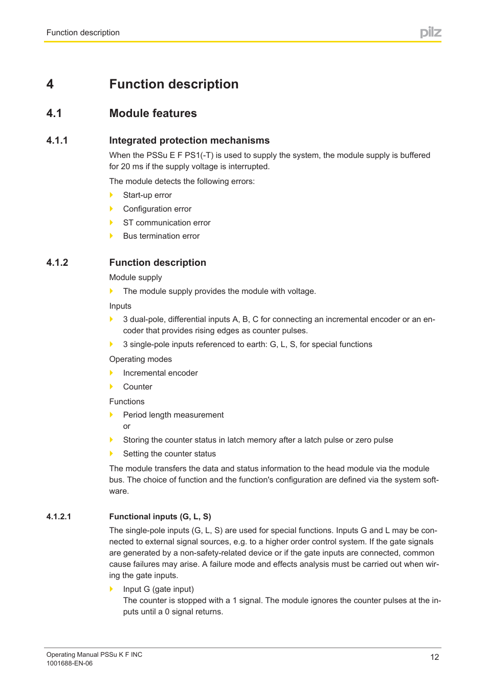 4 function description, 1 module features, 1 integrated protection mechanisms | 2 function description, 1 functional inputs (g, l, s), Section 4, Function description, Module features, Integrated protection mechanisms, Functional inputs (g, l, s) | Pilz PSSu K F INC User Manual | Page 12 / 34