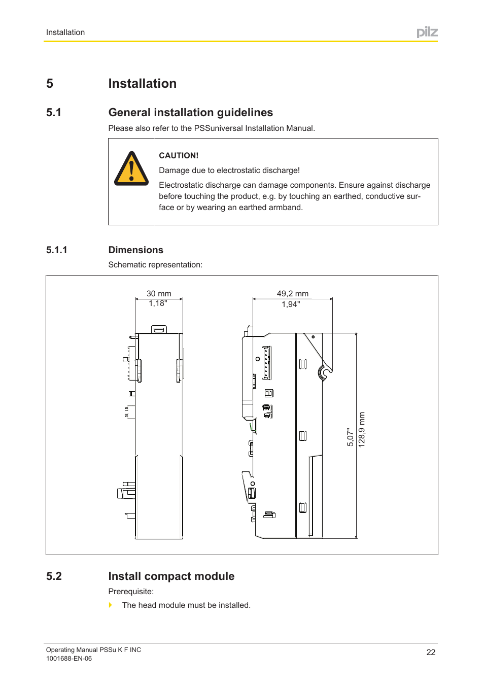 5 installation, 1 general installation guidelines, 1 dimensions | 2 install compact module, Section 5, Installation, General installation guidelines, Dimensions, Install compact module, 5installation | Pilz PSSu K F INC User Manual | Page 22 / 34