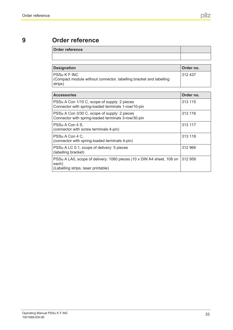 9 order reference, Section 9, Order reference | 9order reference | Pilz PSSu K F INC User Manual | Page 33 / 34