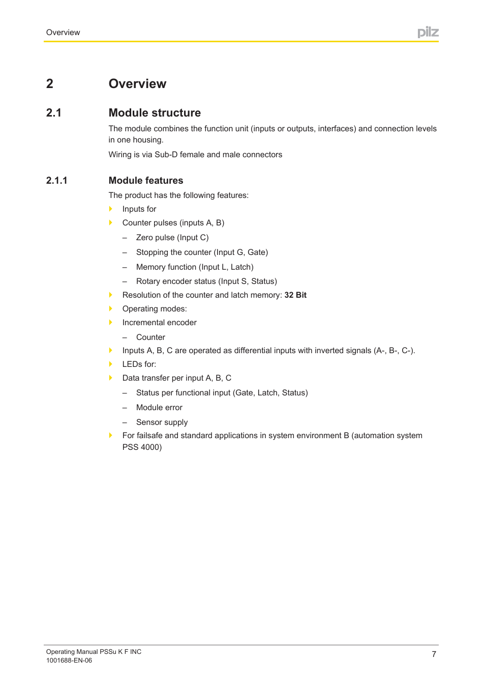 2 overview, 1 module structure, 1 module features | Section 2, Overview, Module structure, Module features, 2overview | Pilz PSSu K F INC User Manual | Page 7 / 34