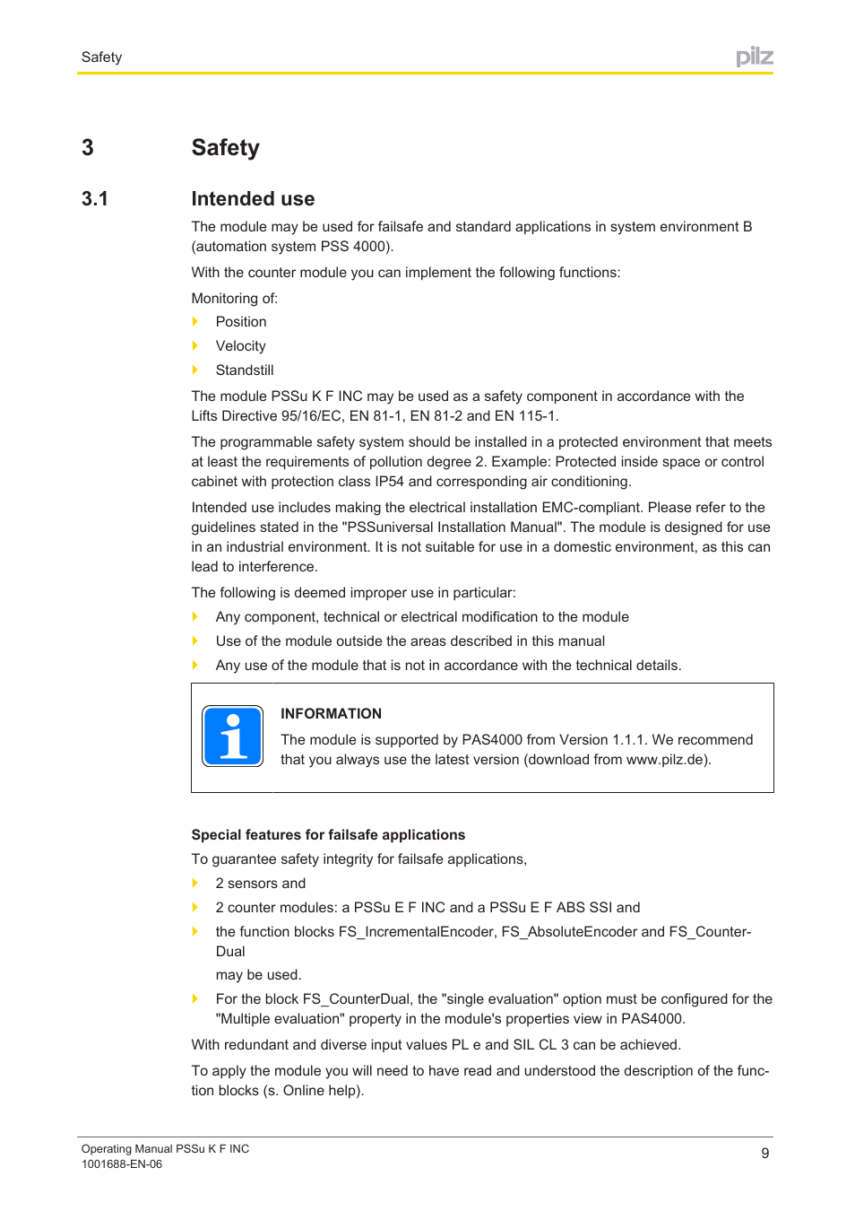 3 safety, 1 intended use, Section 3 | Safety, Intended use, 3safety | Pilz PSSu K F INC User Manual | Page 9 / 34