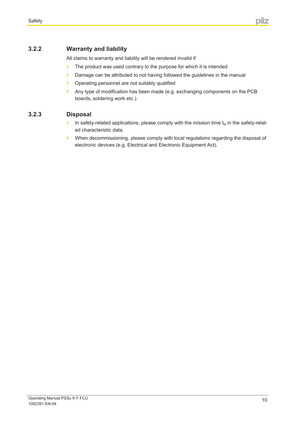 2 warranty and liability, 3 disposal, Warranty and liability | Disposal | Pilz PSSu K F FCU User Manual | Page 10 / 42