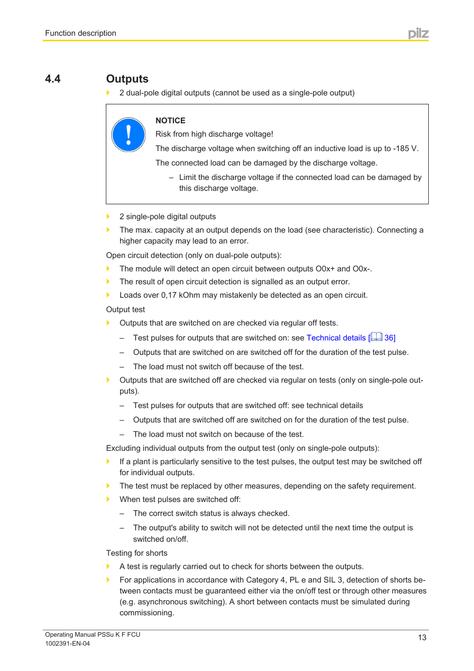 4 outputs, Outputs | Pilz PSSu K F FCU User Manual | Page 13 / 42