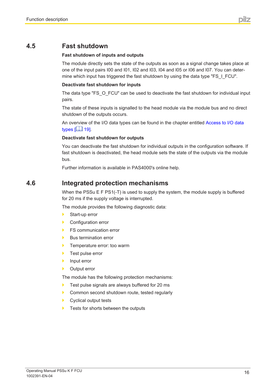 5 fast shutdown, 6 integrated protection mechanisms, Fast shutdown | Integrated protection mechanisms | Pilz PSSu K F FCU User Manual | Page 16 / 42