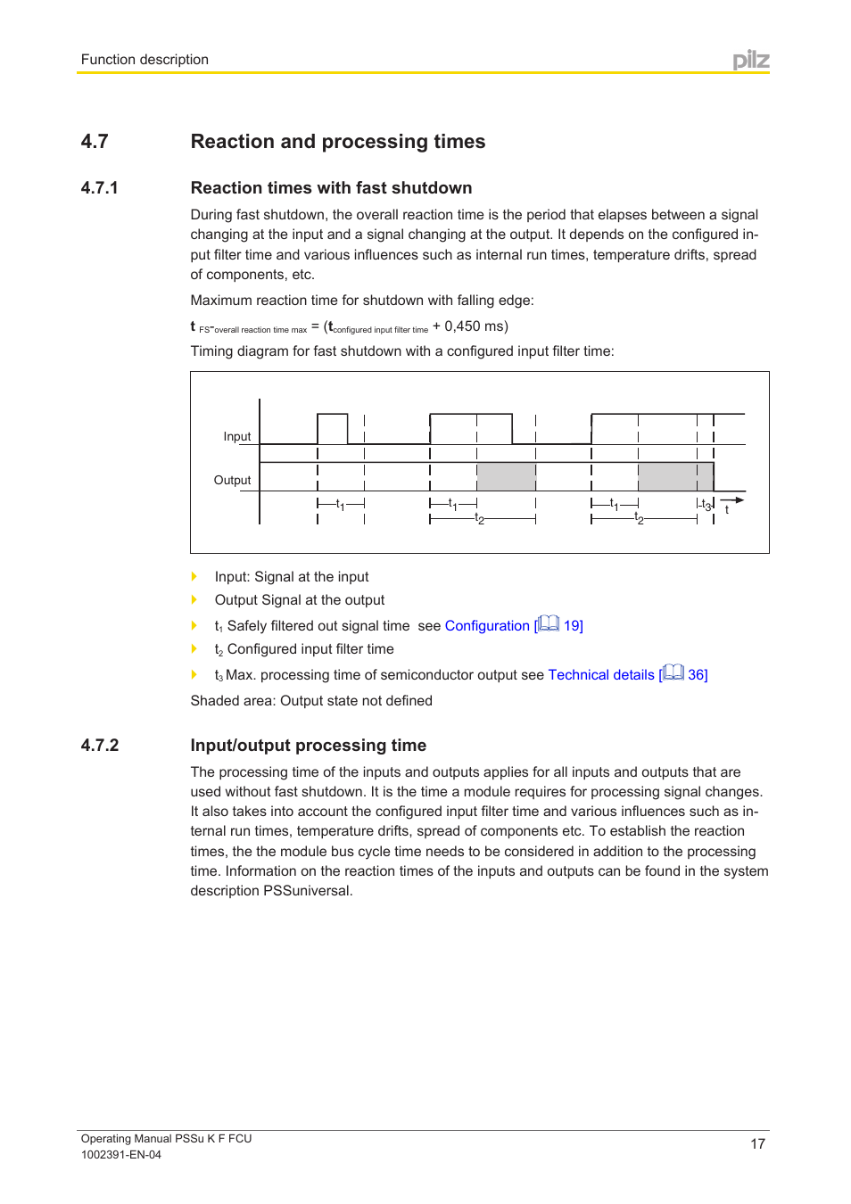 7 reaction and processing times, 1 reaction times with fast shutdown, 2 input/output processing time | Reaction and processing times, Reaction times with fast shutdown, Input/output processing time | Pilz PSSu K F FCU User Manual | Page 17 / 42