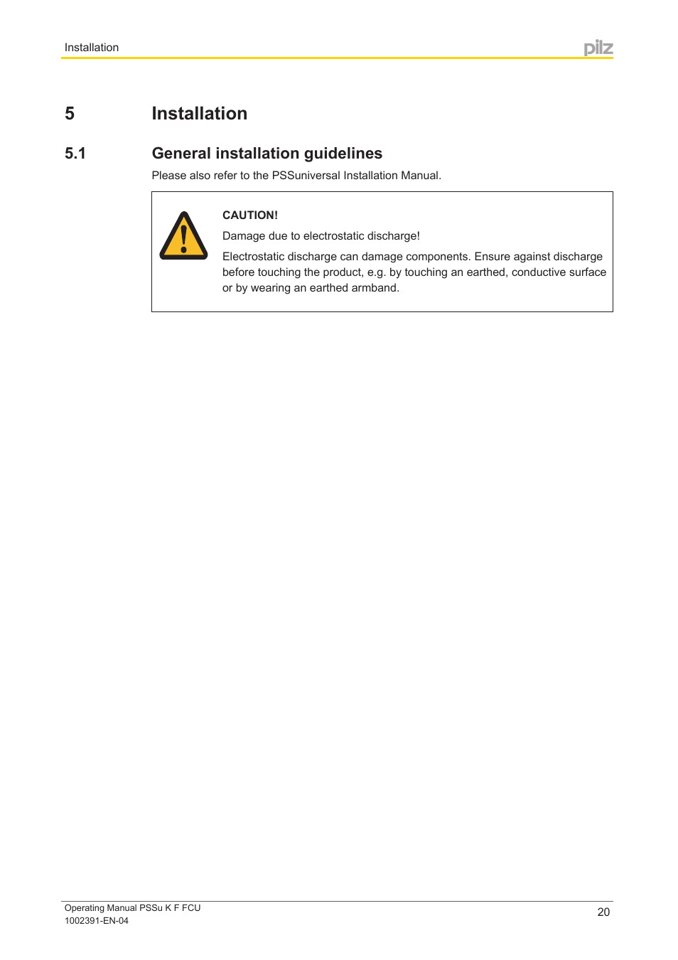 5 installation, 1 general installation guidelines, Section 5 | Installation, General installation guidelines | Pilz PSSu K F FCU User Manual | Page 20 / 42