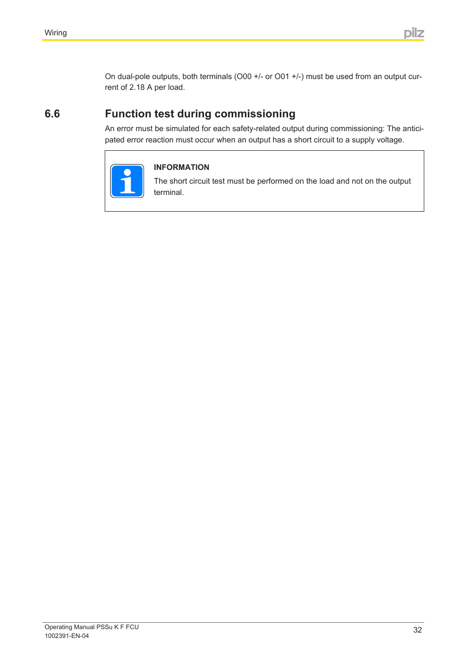 6 function test during commissioning, Function test during commissioning | Pilz PSSu K F FCU User Manual | Page 32 / 42