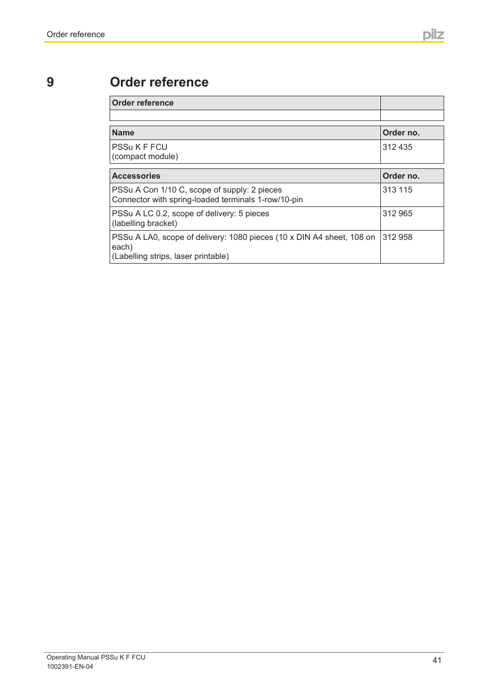 9 order reference, Section 9, Order reference | Pilz PSSu K F FCU User Manual | Page 41 / 42