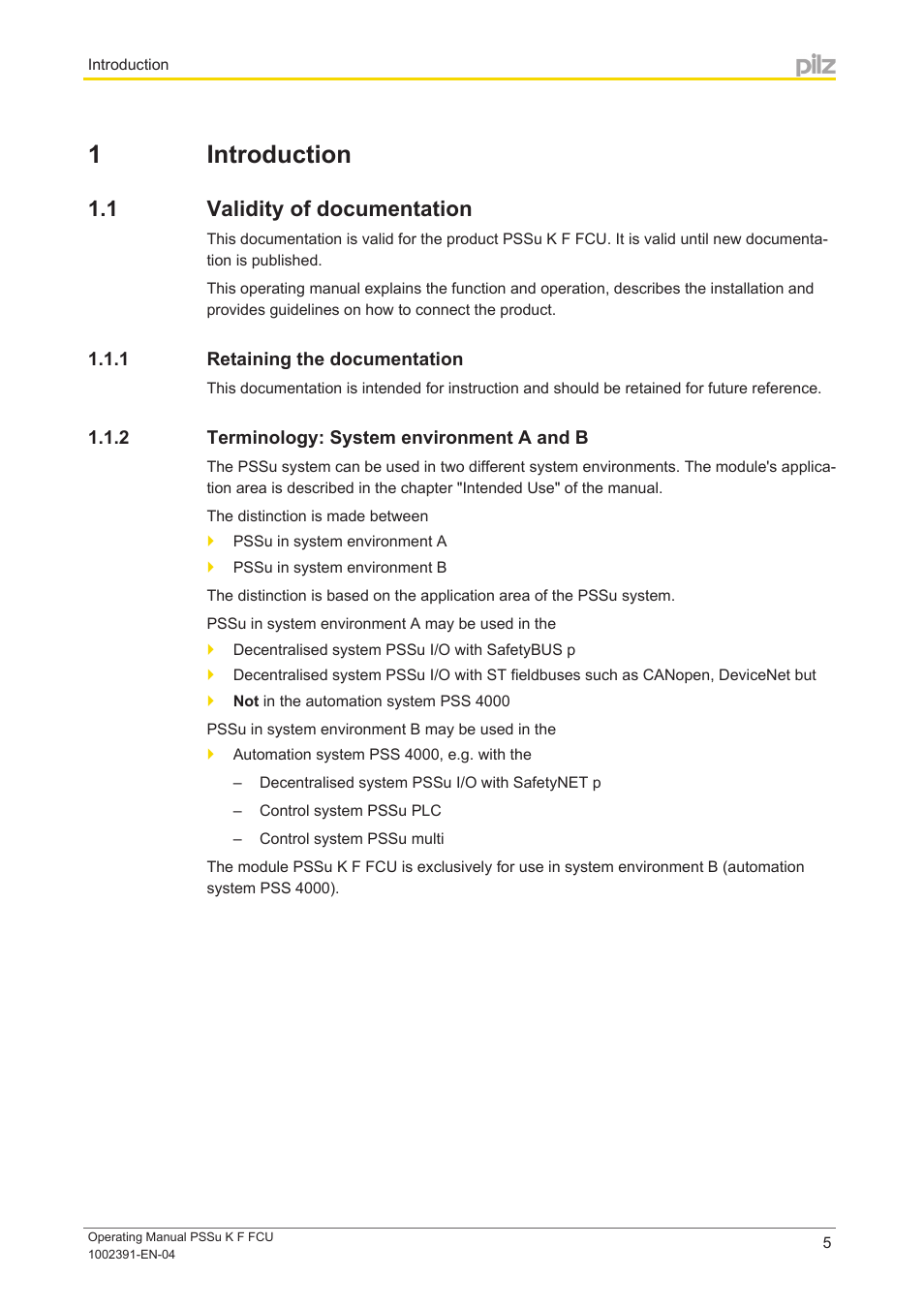 1 introduction, 1 validity of documentation, 1 retaining the documentation | 2 terminology: system environment a and b, Section 1, Introduction, Validity of documentation, Retaining the documentation, Terminology: system environment a and b | Pilz PSSu K F FCU User Manual | Page 5 / 42