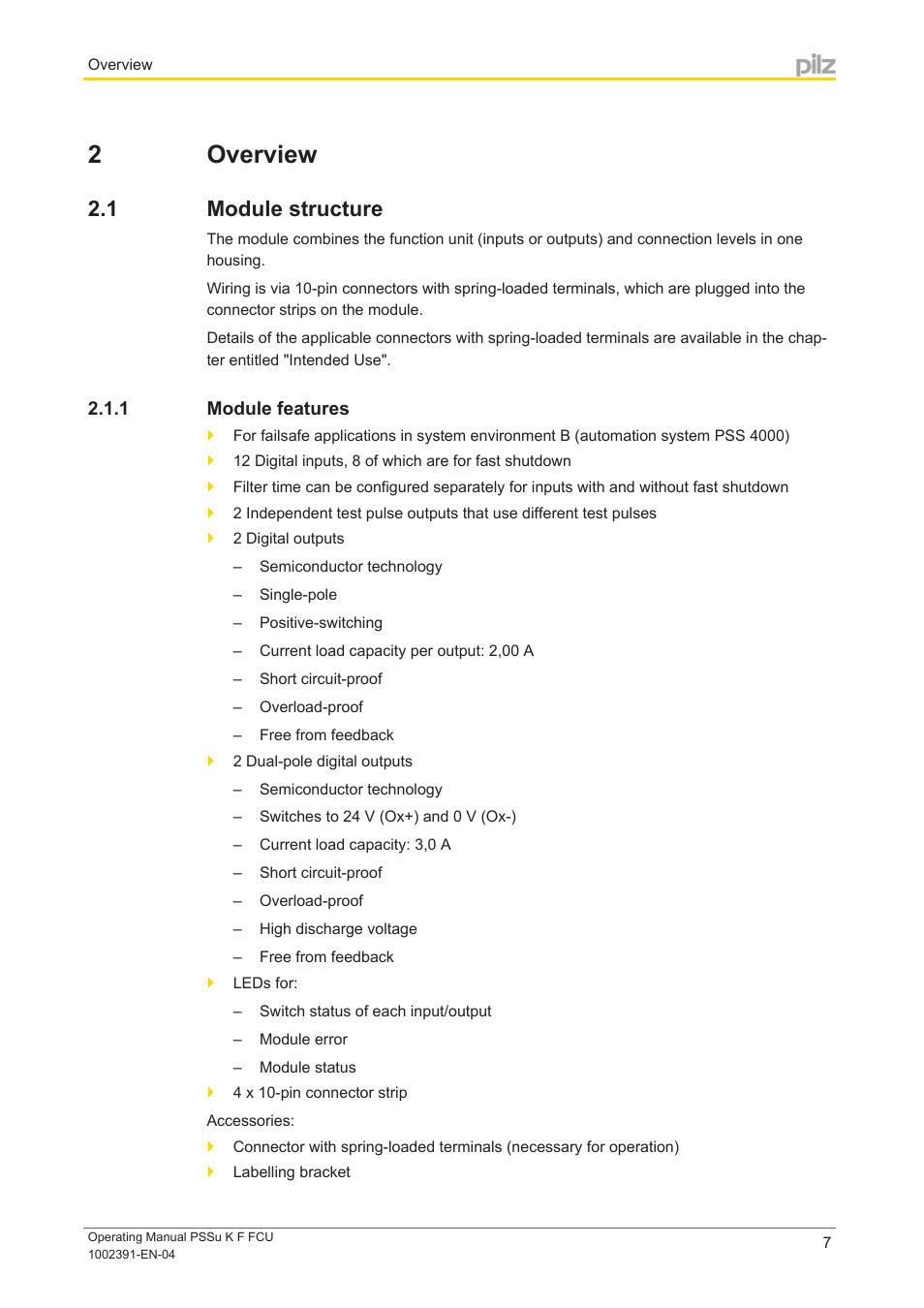 2 overview, 1 module structure, 1 module features | Section 2, Overview, Module structure, Module features | Pilz PSSu K F FCU User Manual | Page 7 / 42