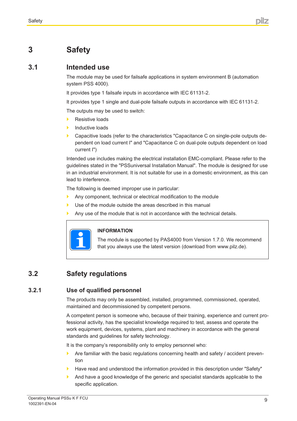 3 safety, 1 intended use, 2 safety regulations | 1 use of qualified personnel, Section 3, Safety, Intended use, Safety regulations, Use of qualified personnel | Pilz PSSu K F FCU User Manual | Page 9 / 42