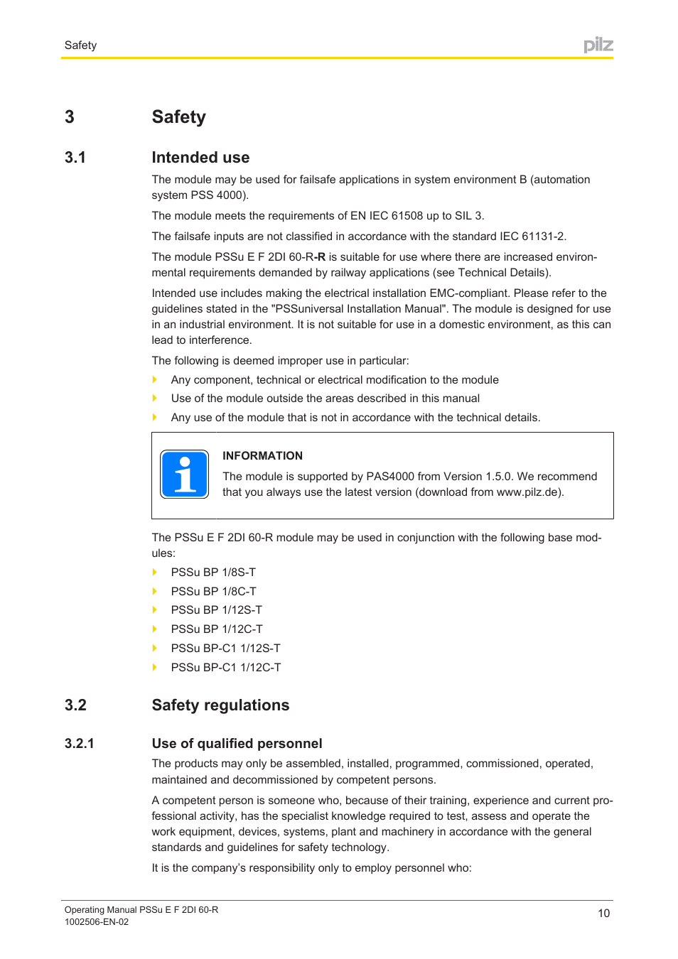 3 safety, 1 intended use, 2 safety regulations | 1 use of qualified personnel, Section 3, Safety, Intended use, Safety regulations, Use of qualified personnel, 3safety | Pilz PSSu E F 2DI 60-R User Manual | Page 10 / 30