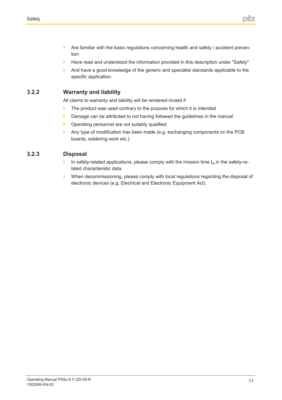 2 warranty and liability, 3 disposal, Warranty and liability | Disposal | Pilz PSSu E F 2DI 60-R User Manual | Page 11 / 30