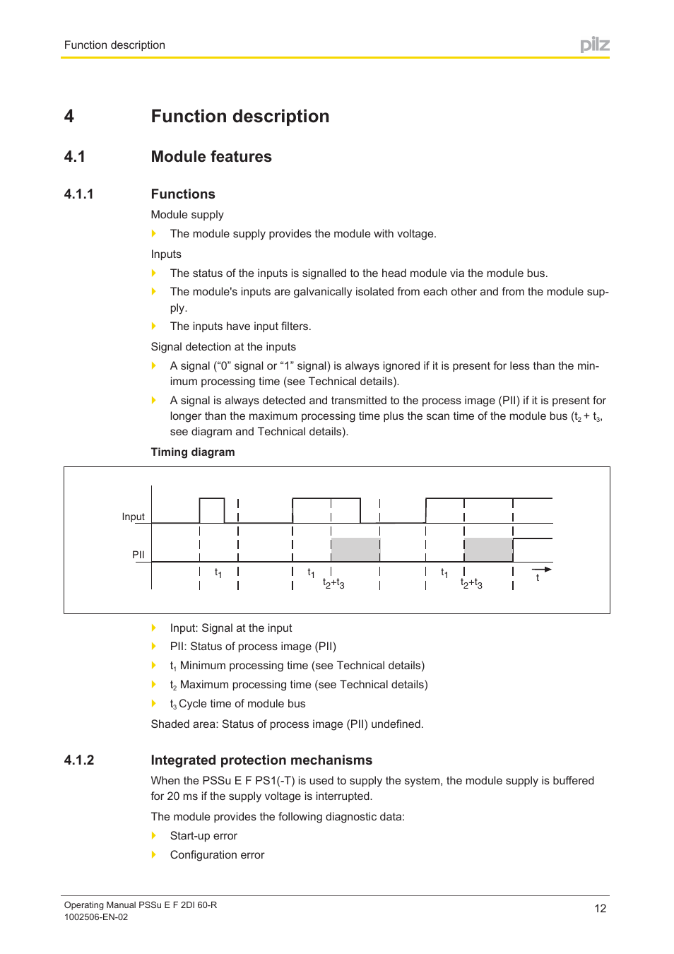 4 function description, 1 module features, 1 functions | 2 integrated protection mechanisms, Section 4, Function description, Module features, Functions, Integrated protection mechanisms, 4function description | Pilz PSSu E F 2DI 60-R User Manual | Page 12 / 30