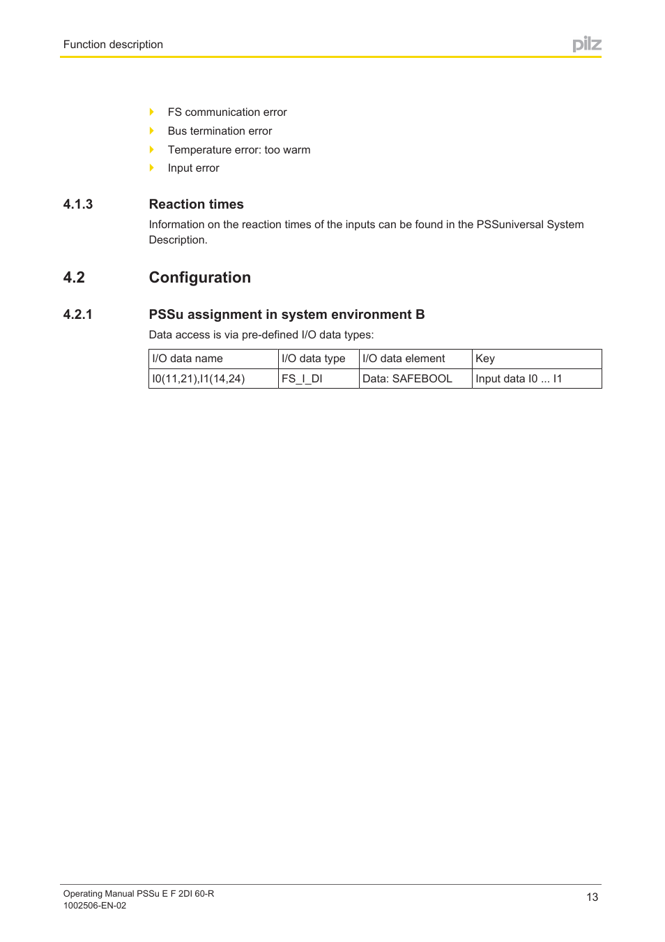 3 reaction times, 2 configuration, 1 pssu assignment in system environment b | Reaction times, Configuration, Pssu assignment in system environment b | Pilz PSSu E F 2DI 60-R User Manual | Page 13 / 30