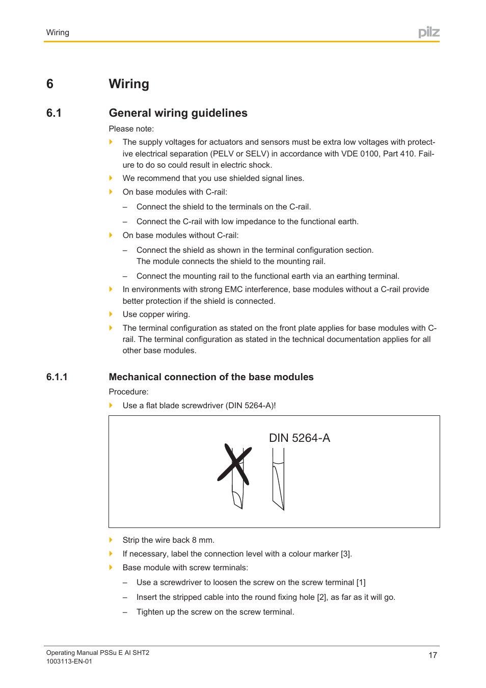 6 wiring, 1 general wiring guidelines, 1 mechanical connection of the base modules | Section 6, Wiring, General wiring guidelines, Mechanical connection of the base modules, 6wiring, Din 5264-a | Pilz PSSu E AI SHT2 User Manual | Page 17 / 26