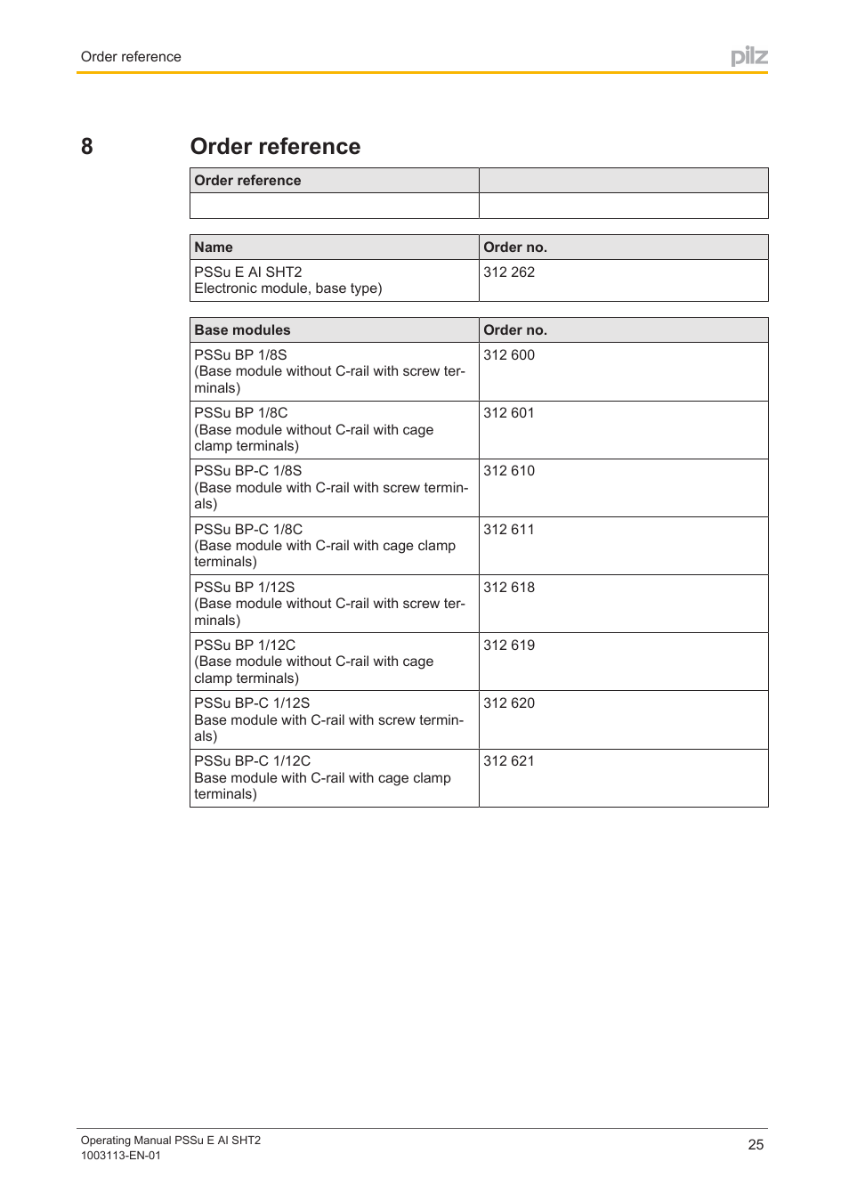 8 order reference, Section 8, Order reference | 8order reference | Pilz PSSu E AI SHT2 User Manual | Page 25 / 26