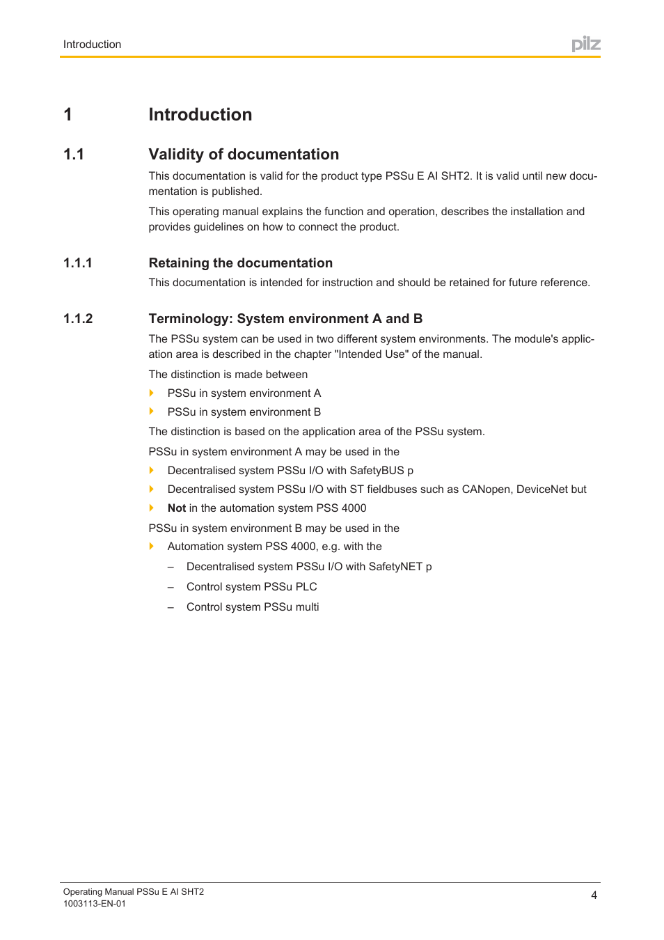 1 introduction, 1 validity of documentation, 1 retaining the documentation | 2 terminology: system environment a and b, Section 1, Introduction, Validity of documentation, Retaining the documentation, Terminology: system environment a and b, 1introduction | Pilz PSSu E AI SHT2 User Manual | Page 4 / 26