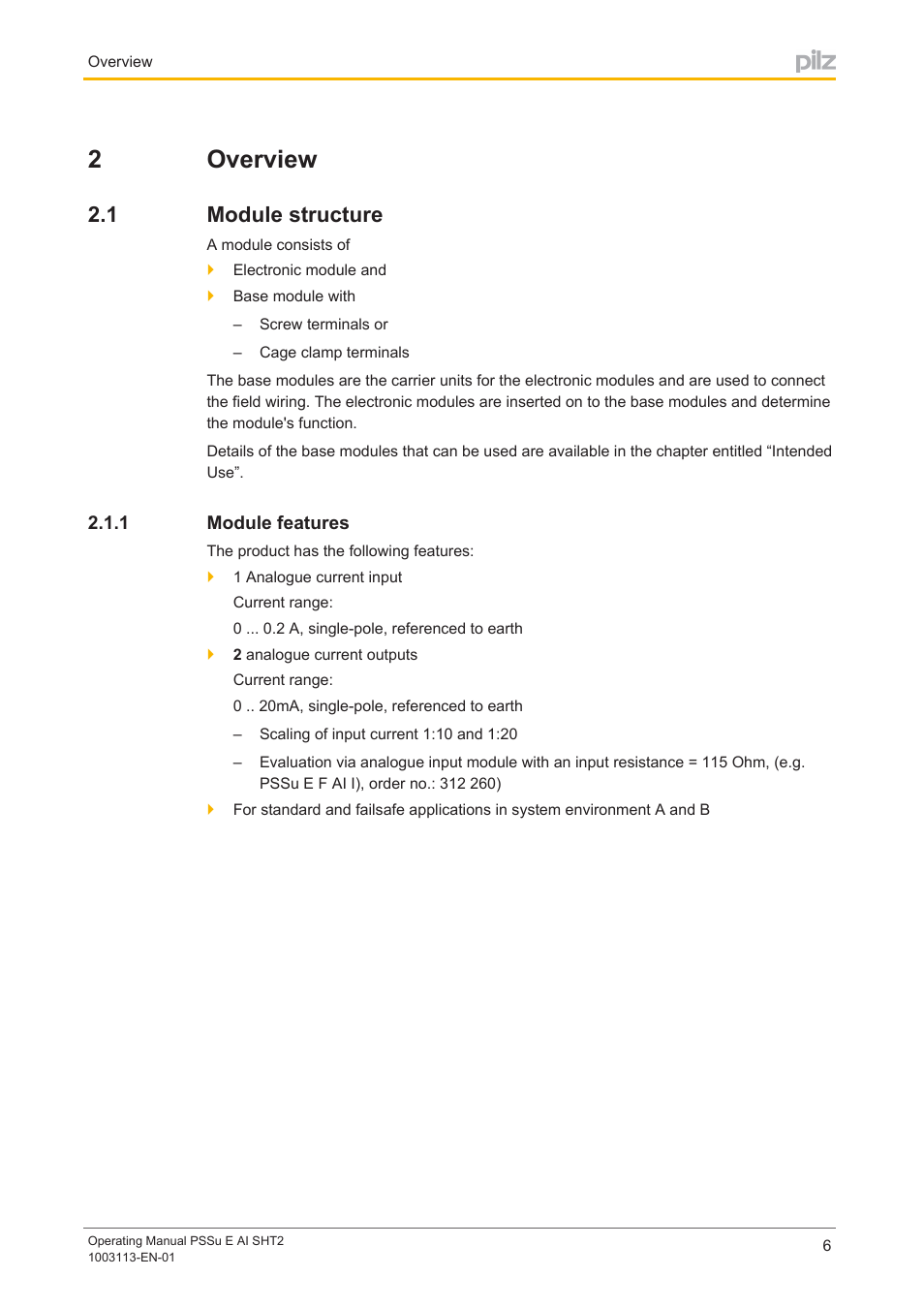 2 overview, 1 module structure, 1 module features | Section 2, Overview, Module structure, Module features, 2overview | Pilz PSSu E AI SHT2 User Manual | Page 6 / 26