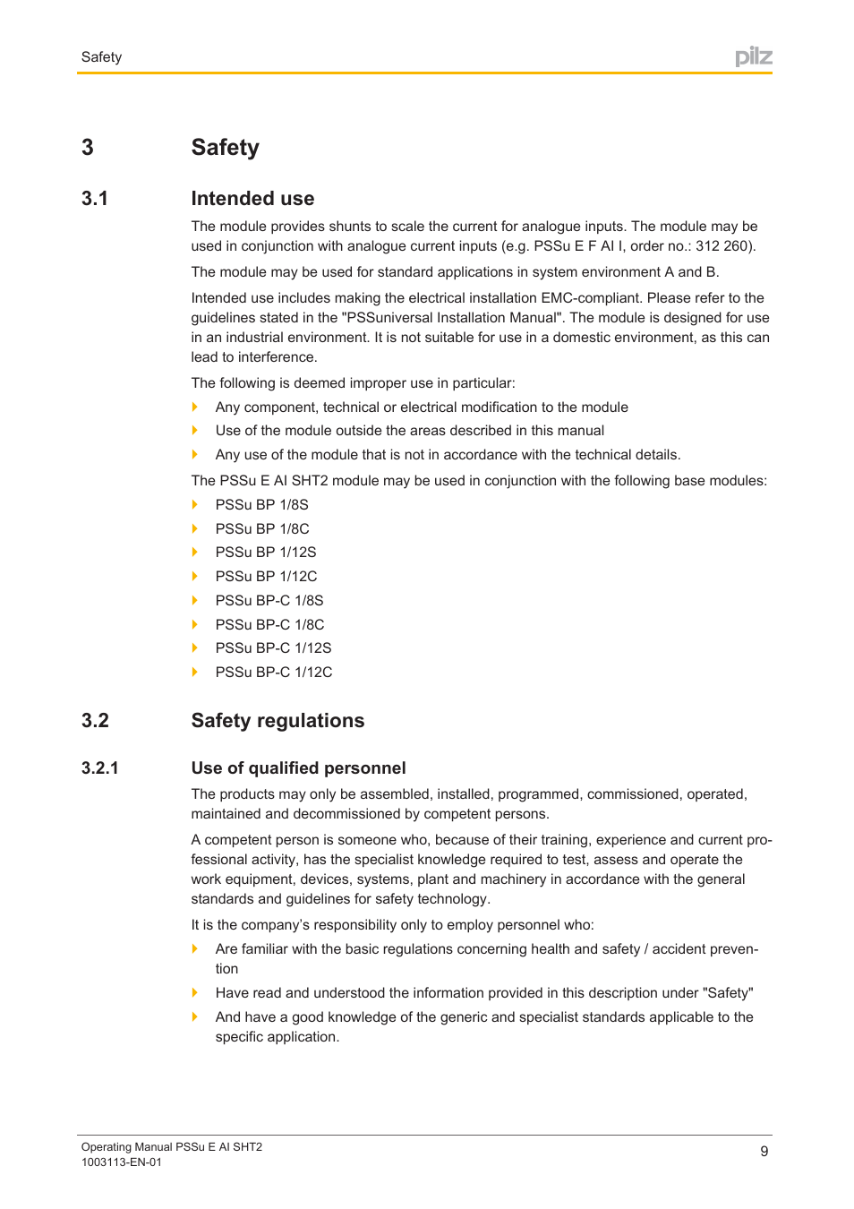 3 safety, 1 intended use, 2 safety regulations | 1 use of qualified personnel, Section 3, Safety, Intended use, Safety regulations, Use of qualified personnel, 3safety | Pilz PSSu E AI SHT2 User Manual | Page 9 / 26