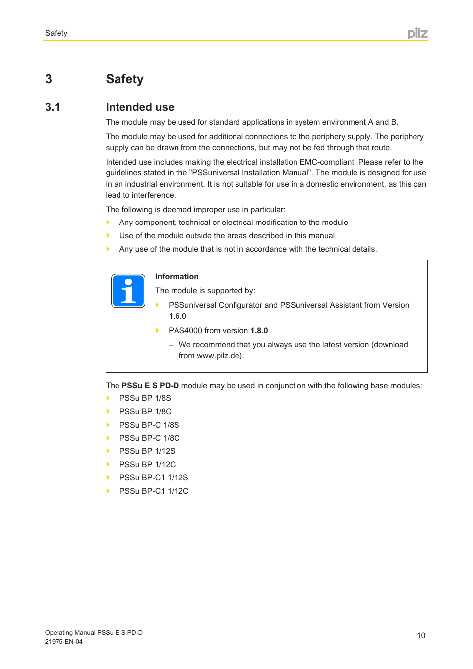 3 safety, 1 intended use, Section 3 | Safety, Intended use | Pilz PSSu E S PD-D User Manual | Page 10 / 28