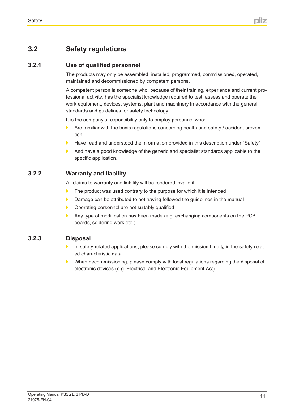 2 safety regulations, 1 use of qualified personnel, 2 warranty and liability | 3 disposal, Safety regulations, Use of qualified personnel, Warranty and liability, Disposal | Pilz PSSu E S PD-D User Manual | Page 11 / 28