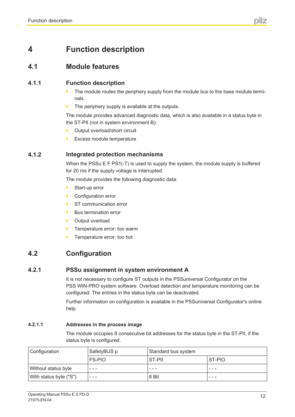 4 function description, 1 module features, 1 function description | 2 integrated protection mechanisms, 2 configuration, 1 pssu assignment in system environment a, 1 addresses in the process image, Section 4, Function description, Module features | Pilz PSSu E S PD-D User Manual | Page 12 / 28
