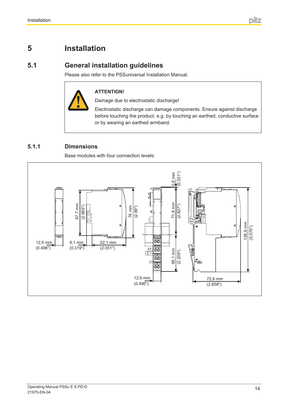 5 installation, 1 general installation guidelines, 1 dimensions | Section 5, Installation, General installation guidelines, Dimensions | Pilz PSSu E S PD-D User Manual | Page 14 / 28