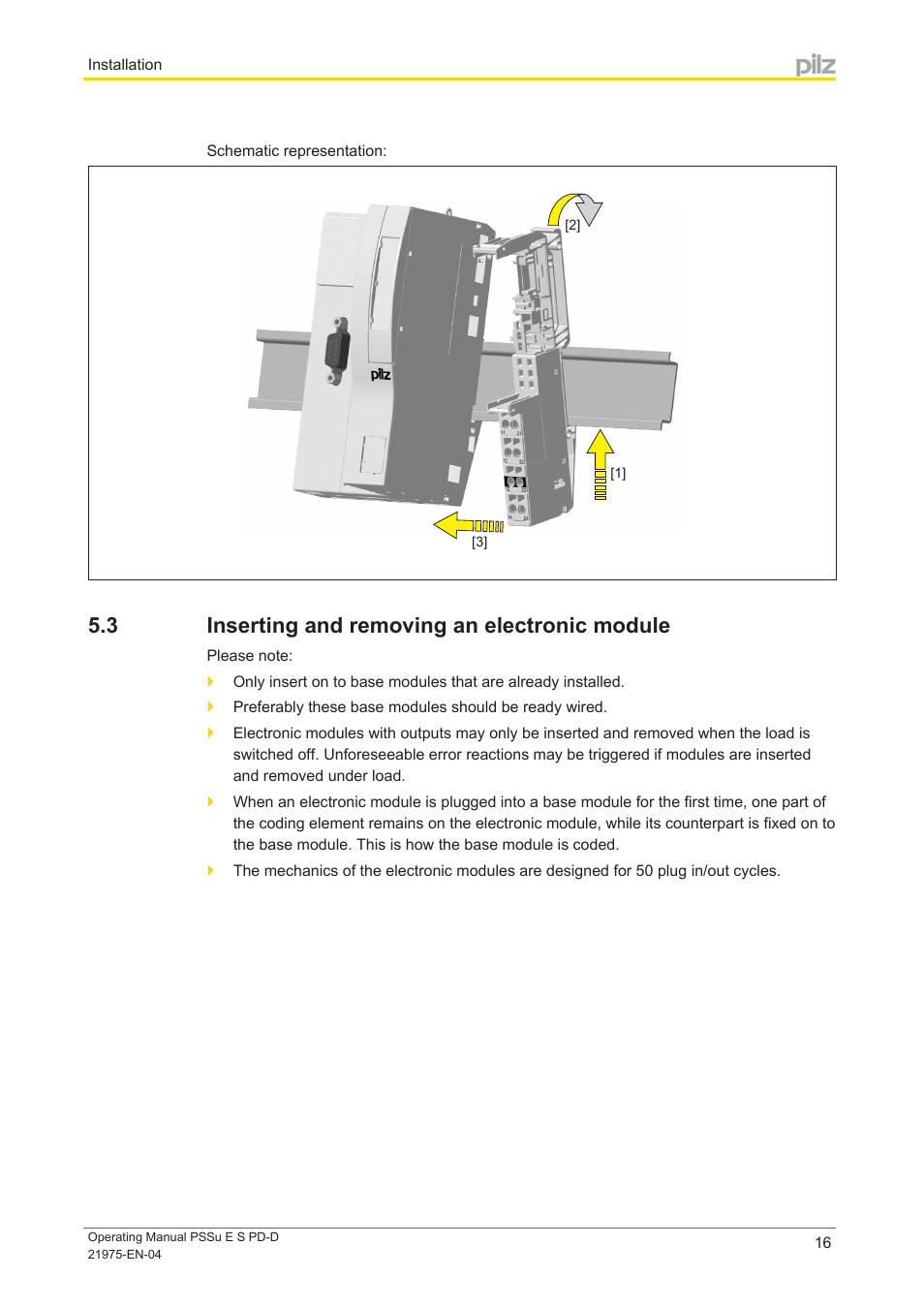 3 inserting and removing an electronic module, Inserting and removing an electronic module | Pilz PSSu E S PD-D User Manual | Page 16 / 28