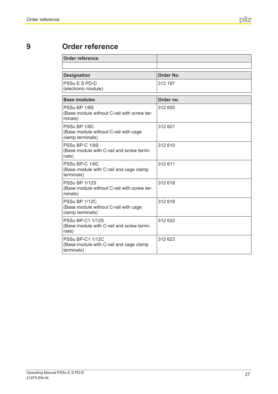 9 order reference, Section 9, Order reference | Pilz PSSu E S PD-D User Manual | Page 27 / 28