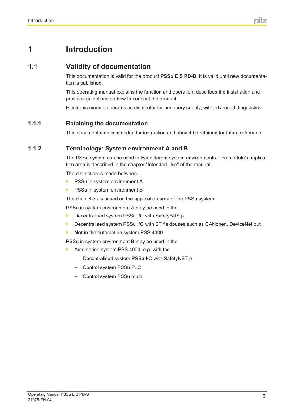 1 introduction, 1 validity of documentation, 1 retaining the documentation | 2 terminology: system environment a and b, Section 1, Introduction, Validity of documentation, Retaining the documentation, Terminology: system environment a and b | Pilz PSSu E S PD-D User Manual | Page 5 / 28