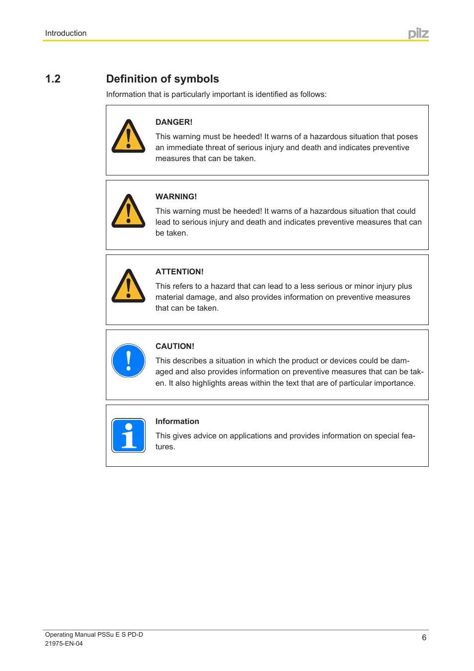 2 definition of symbols, Definition of symbols | Pilz PSSu E S PD-D User Manual | Page 6 / 28