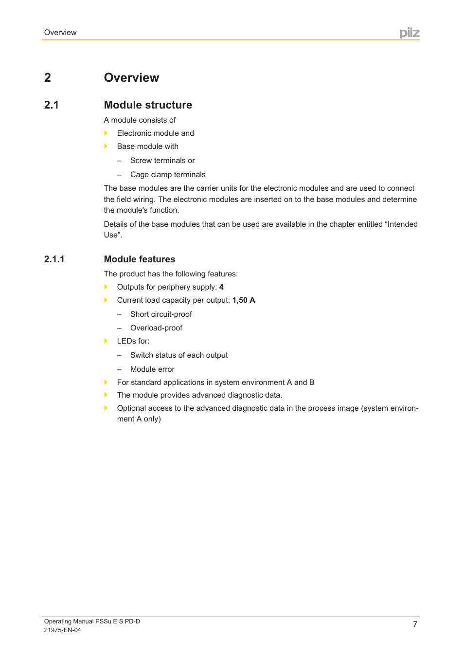 2 overview, 1 module structure, 1 module features | Section 2, Overview, Module structure, Module features | Pilz PSSu E S PD-D User Manual | Page 7 / 28