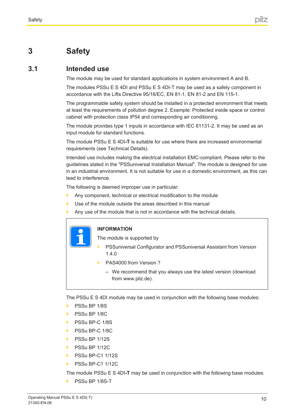 3 safety, 1 intended use, Section 3 | Safety, Intended use, 3safety | Pilz PSSu E S 4DI User Manual | Page 10 / 31