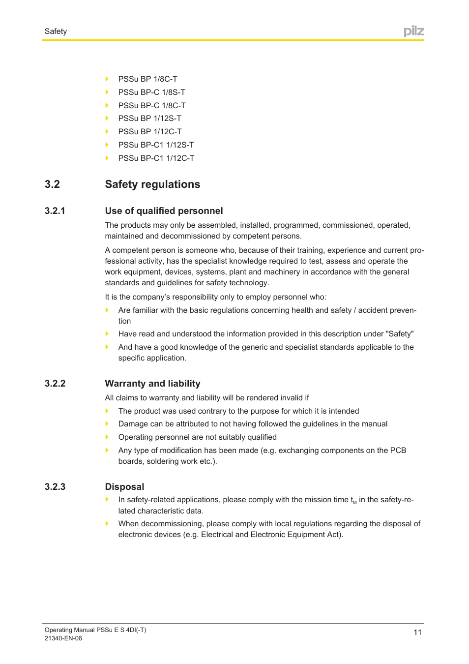 2 safety regulations, 1 use of qualified personnel, 2 warranty and liability | 3 disposal, Safety regulations, Use of qualified personnel, Warranty and liability, Disposal | Pilz PSSu E S 4DI User Manual | Page 11 / 31