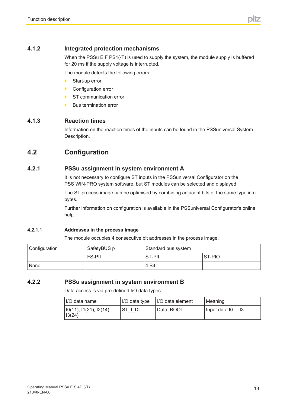 2 integrated protection mechanisms, 3 reaction times, 2 configuration | 1 pssu assignment in system environment a, 1 addresses in the process image, 2 pssu assignment in system environment b, Integrated protection mechanisms, Reaction times, Configuration, Pssu assignment in system environment a | Pilz PSSu E S 4DI User Manual | Page 13 / 31