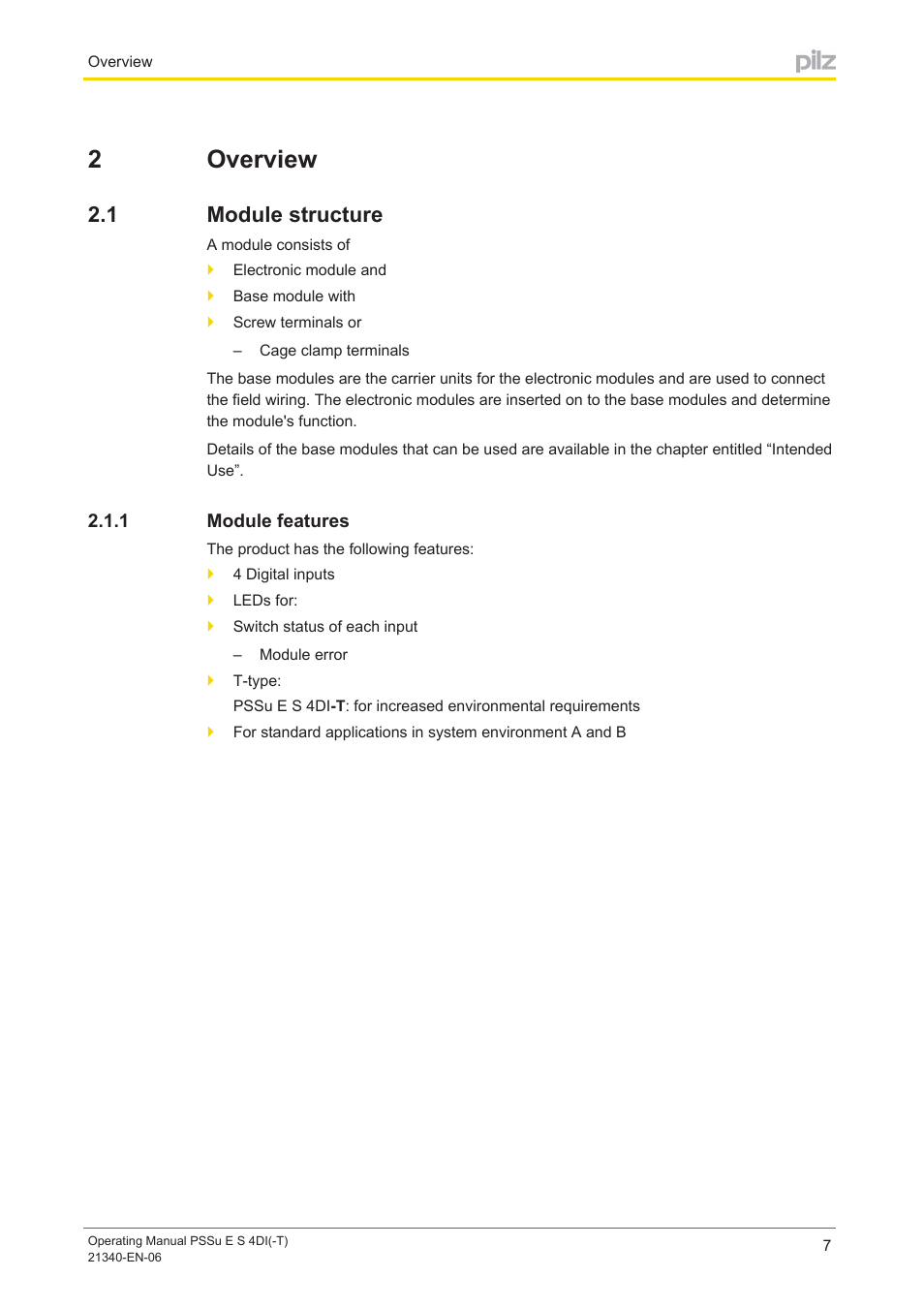 2 overview, 1 module structure, 1 module features | Section 2, Overview, Module structure, Module features, 2overview | Pilz PSSu E S 4DI User Manual | Page 7 / 31