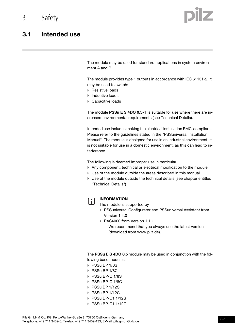 Safety, Intended use, 3safety | 1 intended use | Pilz PSSu E S 4DO 0.5 User Manual | Page 13 / 37