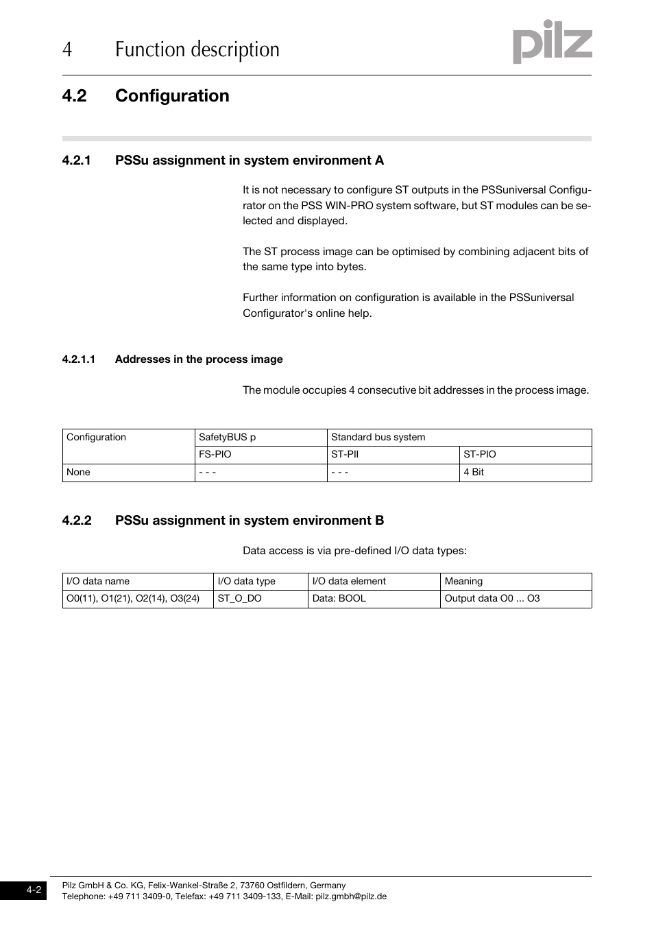 Configuration, Pssu assignment in system environment a, Addresses in the process image | Pssu assignment in system environment b, 4function description, 2 configuration, 1 pssu assignment in system environment a, 2 pssu assignment in system environment b | Pilz PSSu E S 4DO 0.5 User Manual | Page 18 / 37