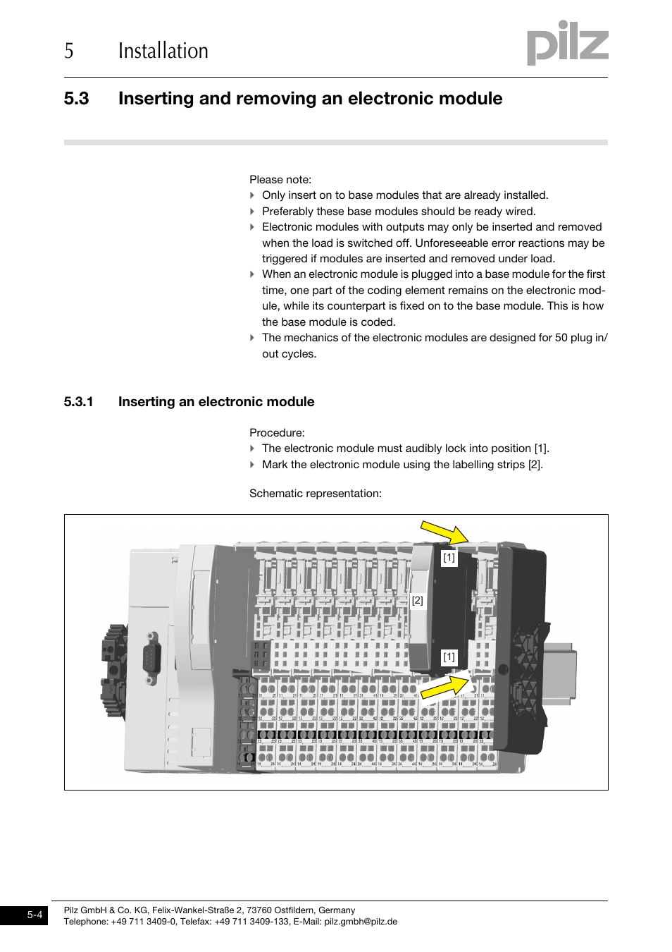 Inserting and removing an electronic module, Inserting an electronic module, 5installation | 3 inserting and removing an electronic module, 1 inserting an electronic module | Pilz PSSu E S 4DO 0.5 User Manual | Page 22 / 37