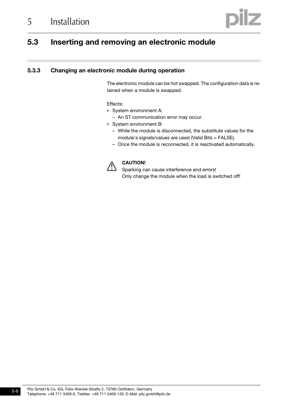 Changing an electronic module during operation, 5installation, 3 inserting and removing an electronic module | 3 changing an electronic module during operation | Pilz PSSu E S 4DO 0.5 User Manual | Page 24 / 37