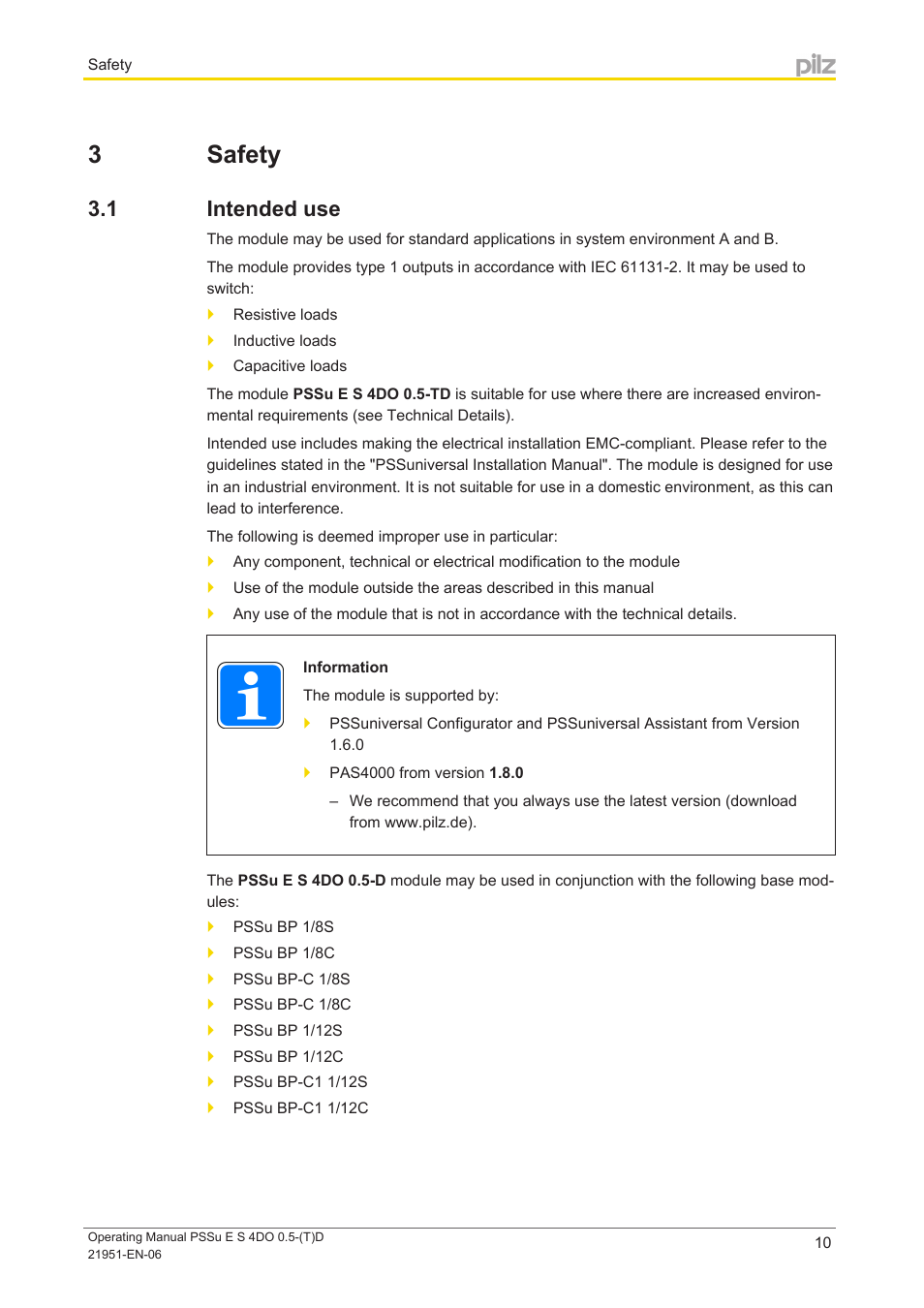 3 safety, 1 intended use, Section 3 | Safety, Intended use | Pilz PSSu E S 4DO 0.5-D User Manual | Page 10 / 32