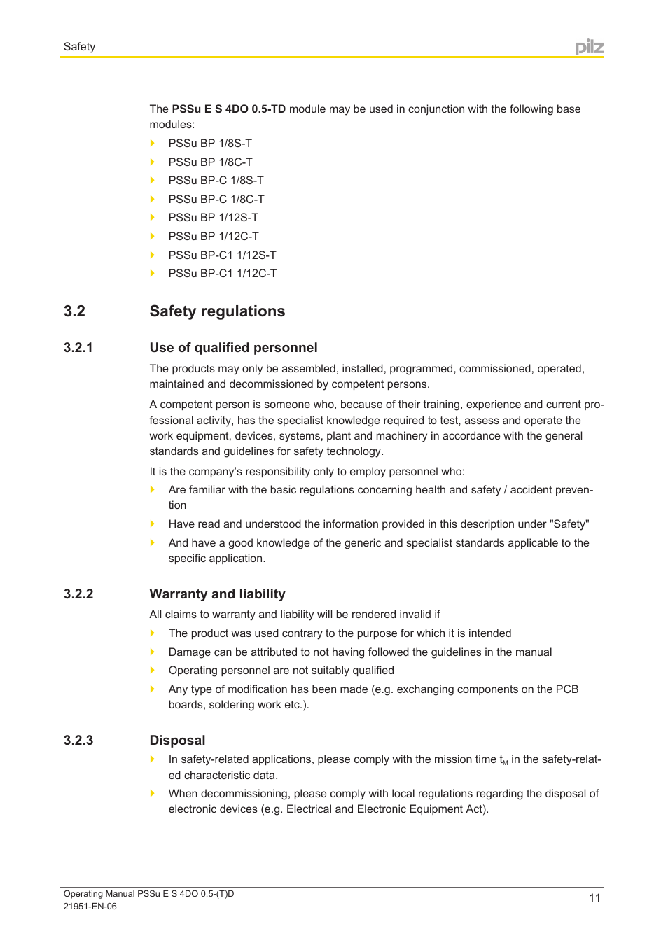 2 safety regulations, 1 use of qualified personnel, 2 warranty and liability | 3 disposal, Safety regulations, Use of qualified personnel, Warranty and liability, Disposal | Pilz PSSu E S 4DO 0.5-D User Manual | Page 11 / 32