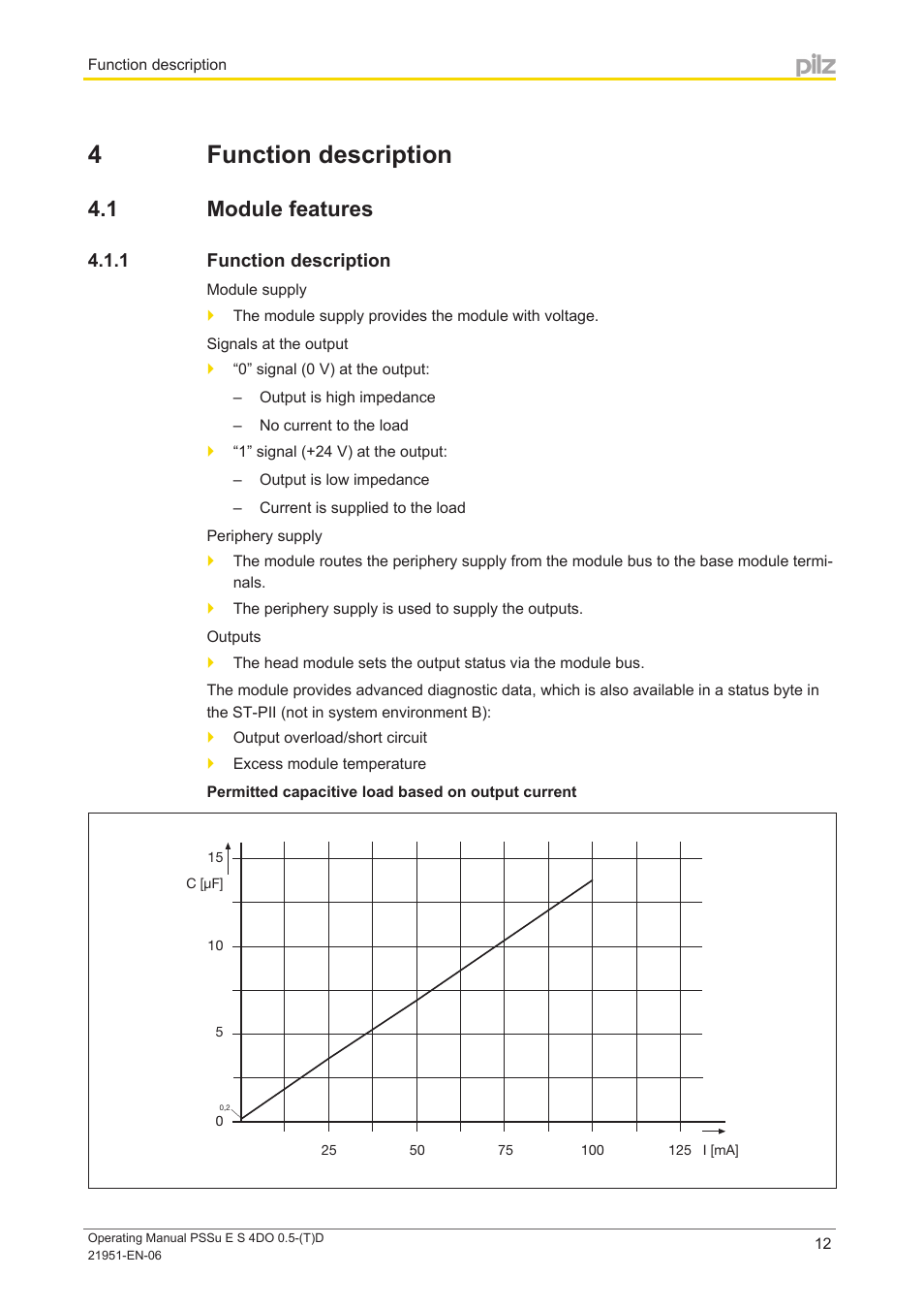 4 function description, 1 module features, 1 function description | Section 4, Function description, Module features | Pilz PSSu E S 4DO 0.5-D User Manual | Page 12 / 32