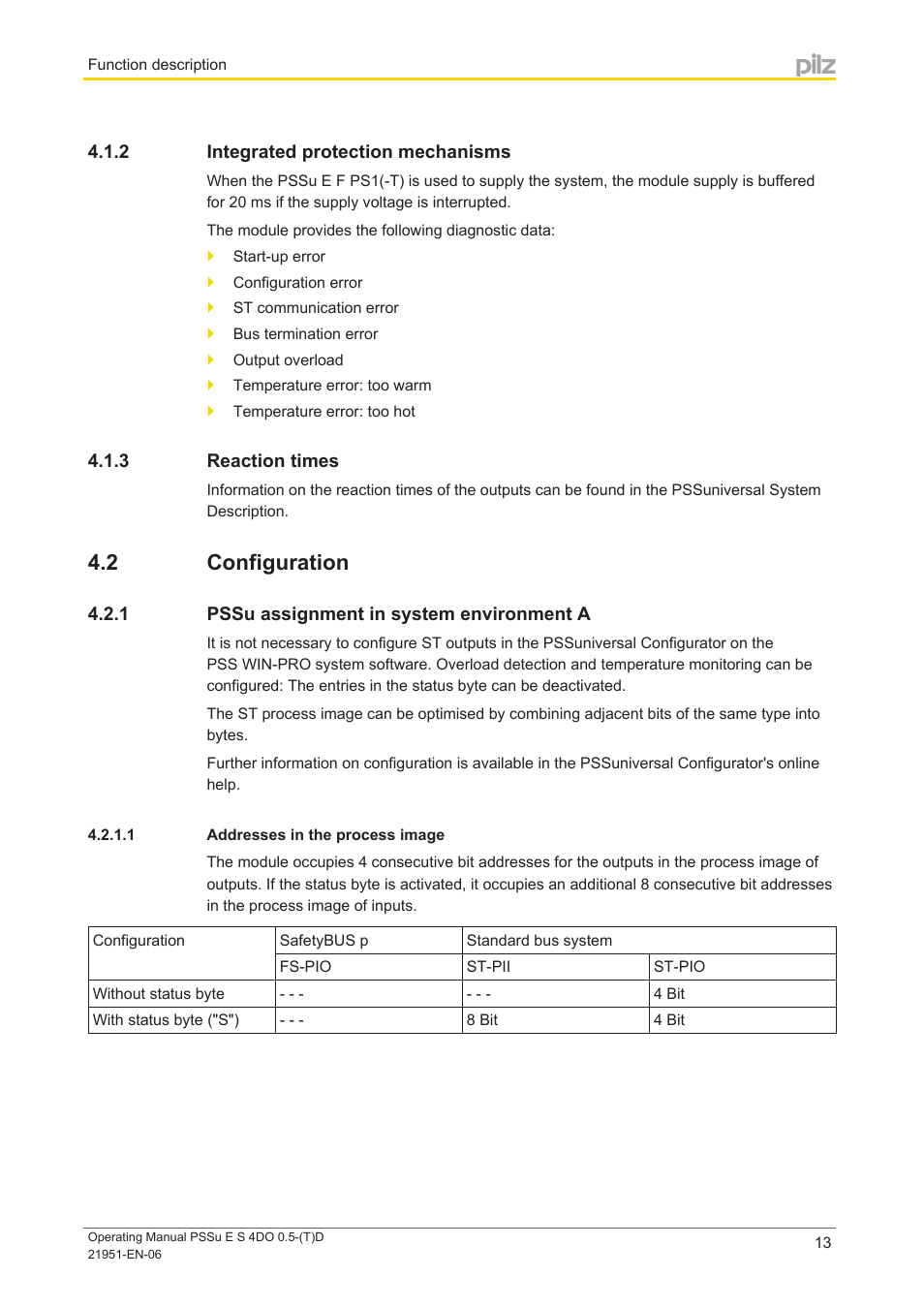 2 integrated protection mechanisms, 3 reaction times, 2 configuration | 1 pssu assignment in system environment a, 1 addresses in the process image, Integrated protection mechanisms, Reaction times, Configuration, Pssu assignment in system environment a | Pilz PSSu E S 4DO 0.5-D User Manual | Page 13 / 32