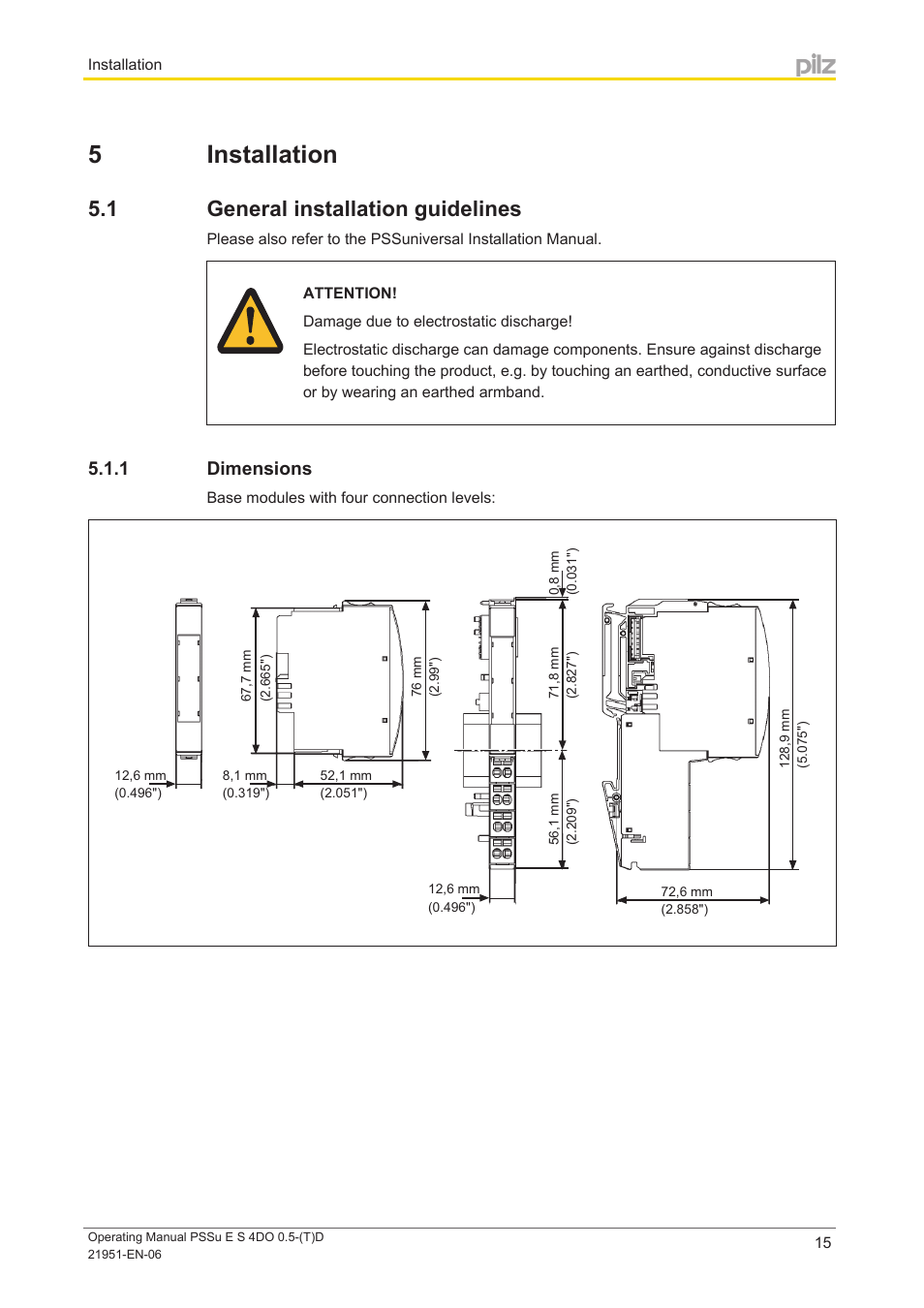 5 installation, 1 general installation guidelines, 1 dimensions | Section 5, Installation, General installation guidelines, Dimensions | Pilz PSSu E S 4DO 0.5-D User Manual | Page 15 / 32