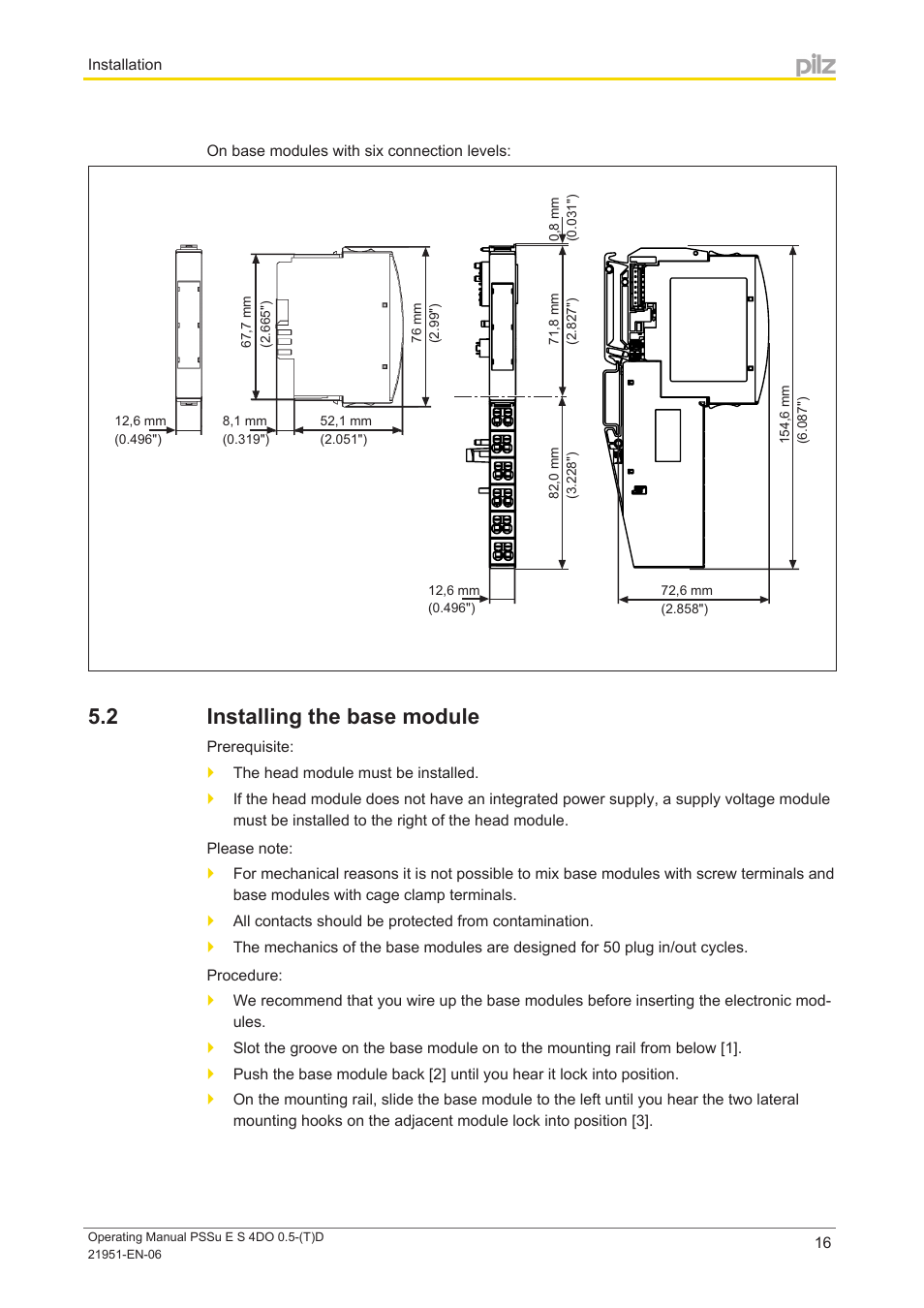 2 installing the base module, Installing the base module | Pilz PSSu E S 4DO 0.5-D User Manual | Page 16 / 32