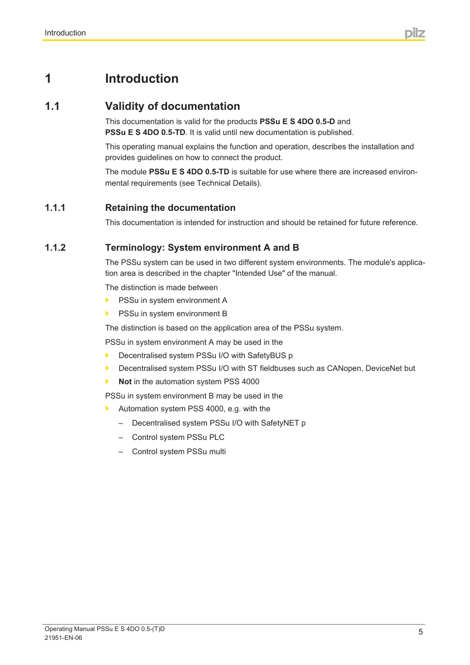 1 introduction, 1 validity of documentation, 1 retaining the documentation | 2 terminology: system environment a and b, Section 1, Introduction, Validity of documentation, Retaining the documentation, Terminology: system environment a and b | Pilz PSSu E S 4DO 0.5-D User Manual | Page 5 / 32